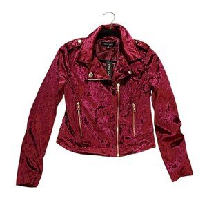 New Look Womens Red/Rose Velour Biker Jacket Size S Pockets Goth